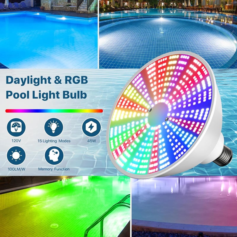 Litezone LED Pool Light Bulb: 120V 45W RGBW Pool Light for Inground Pool with 15 Light Modes - 7000K Pool Lighting - E26 Replacement for Pentair and Hayward Pool Light Fixture - Image 3
